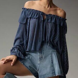 Anthropologie Long-Sleeve Sheer-Striped Crop Blouse